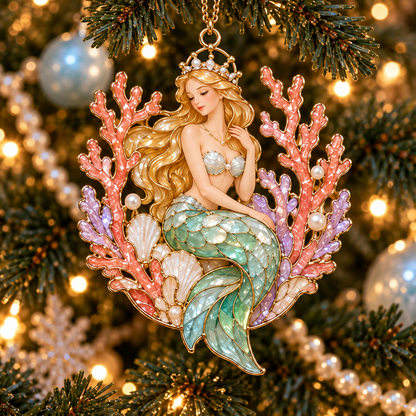 Ocean Enchantment – Vintage Stained-Glass Style Mermaid Christmas Ornaments, Set of 6