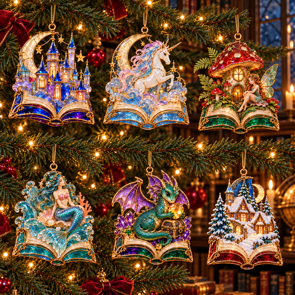🎄 2026 Enchanted Storybook Christmas Ornaments – Set of 6 |  Stained Glass Fairy Tale Castle, Unicorn, Fairy, Mermaid, Dragon & Snowy Village Hanging Decorations | Magical Christmas Tree Ornaments & Fantasy Lover Gifts