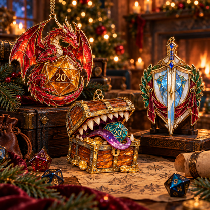 Enchanted Realms – 6-Piece Vintage Stained Glass-Style Fantasy Christmas Ornament Set