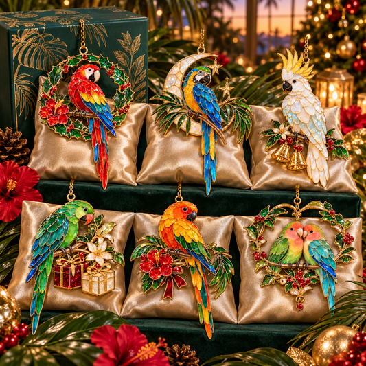 Tropical Parrot Christmas Ornaments – Vintage Stained Glass Style, Set of 6