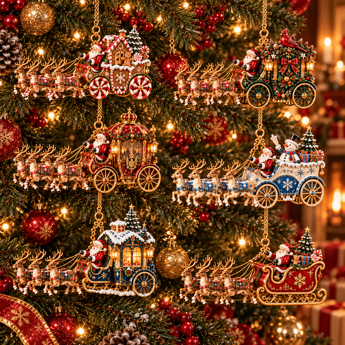 Santa’s Magical Christmas Journey – 6-Piece Vintage Reindeer Sleigh & Carriage Ornament Collection | Christmas Tree Decorations & Holiday Gifts