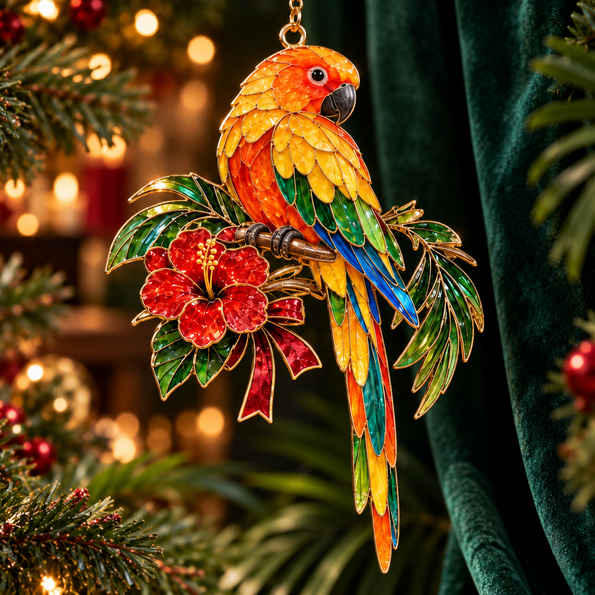 Tropical Parrot Christmas Ornaments – Vintage Stained Glass Style, Set of 6