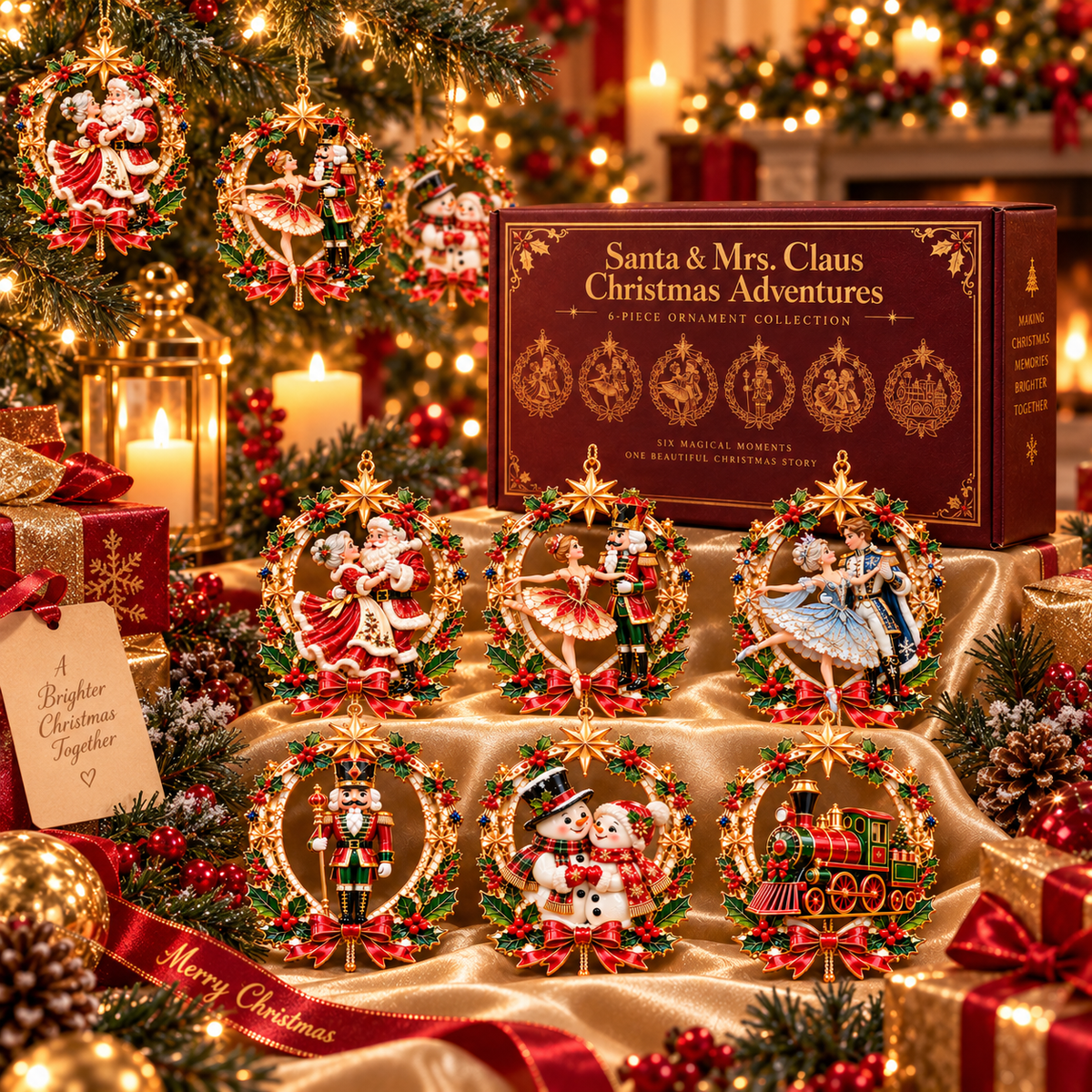 Santa & Mrs. Claus Christmas Adventures – 6-Piece Vintage Christmas Tree Ornament Collection | Nutcracker, Snowman & Holiday Train | A Heartwarming Christmas Keepsake Gift