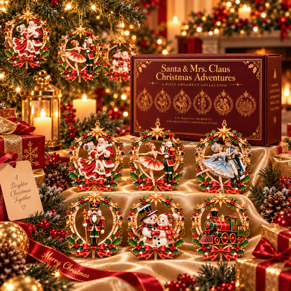 Santa & Mrs. Claus Christmas Adventures – 6-Piece Vintage Christmas Tree Ornament Collection | Nutcracker, Snowman & Holiday Train | A Heartwarming Christmas Keepsake Gift