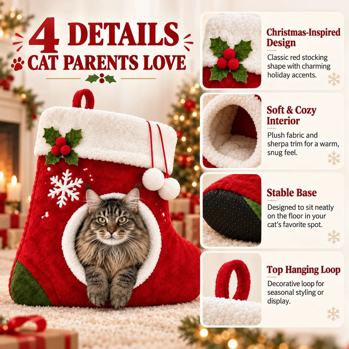 🎄 Christmas Stocking Cat Bed – Ultra-Soft Sherpa Cozy Hideaway for Cats 🐱