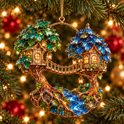 ✨ 2026 Enchanted Stained Glass Treehouse Christmas Ornaments – Set of 6 |  Fairy Tree Houses, Autumn Maple, Acorn Cottage & Moonlight Willow Hanging Decorations | Magical Christmas Tree Ornaments & Fairy Garden Gifts