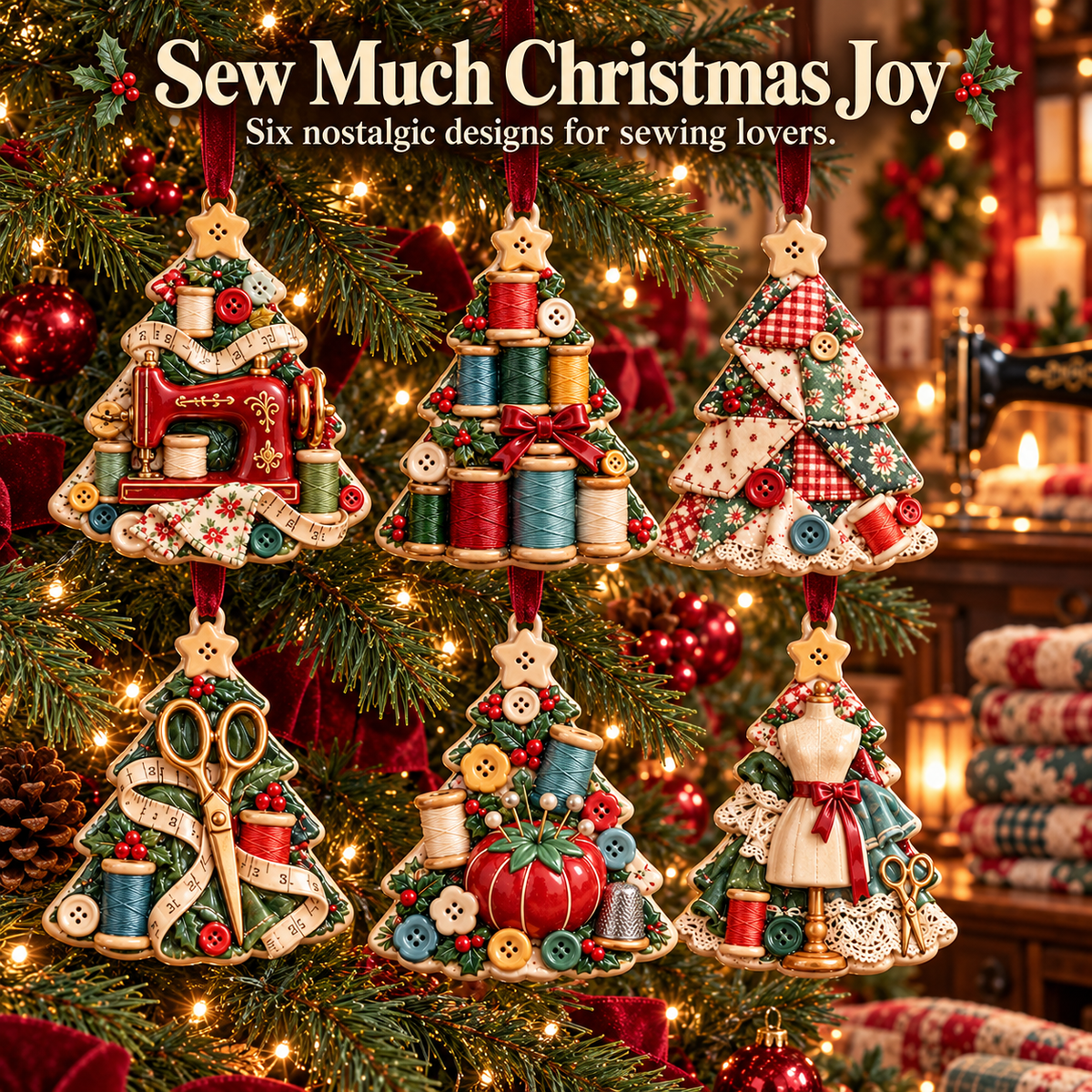 Sew Merry – Vintage Sewing Christmas Tree Ornaments in 6 Charming Designs