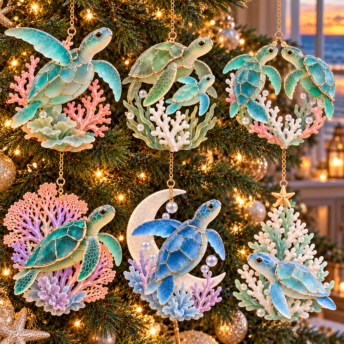 🐢 2026 Ocean Christmas Sea Turtle Ornaments – Set of 6 Coastal Holiday Keepsakes