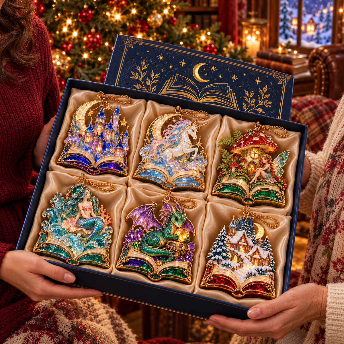 🎄 2026 Enchanted Storybook Christmas Ornaments – Set of 6 |  Stained Glass Fairy Tale Castle, Unicorn, Fairy, Mermaid, Dragon & Snowy Village Hanging Decorations | Magical Christmas Tree Ornaments & Fantasy Lover Gifts