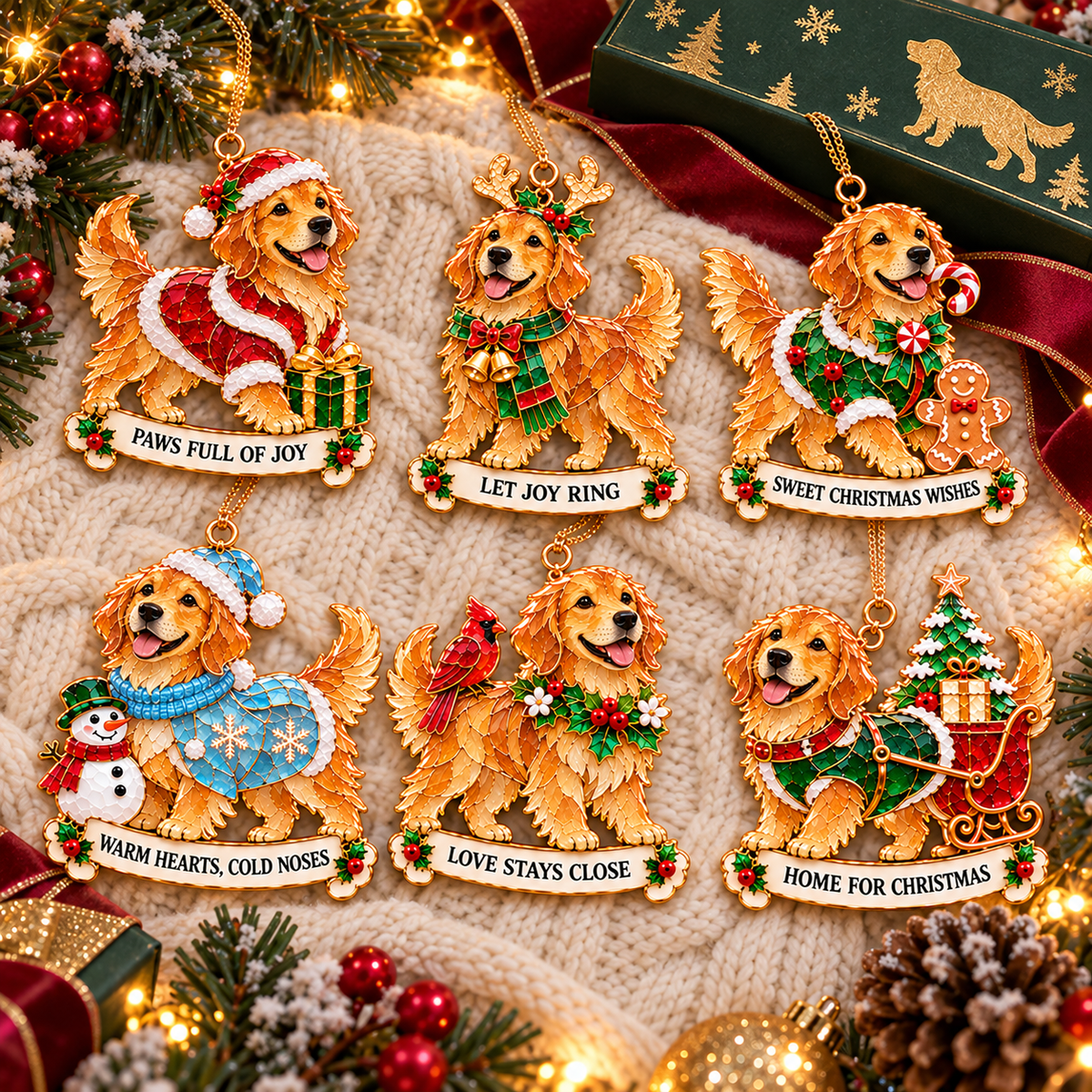 2026 Golden Retriever Christmas Ornaments – Set of 6 | Vintage Stained-Glass Style with Golden Accents & Heartwarming Holiday Wishes