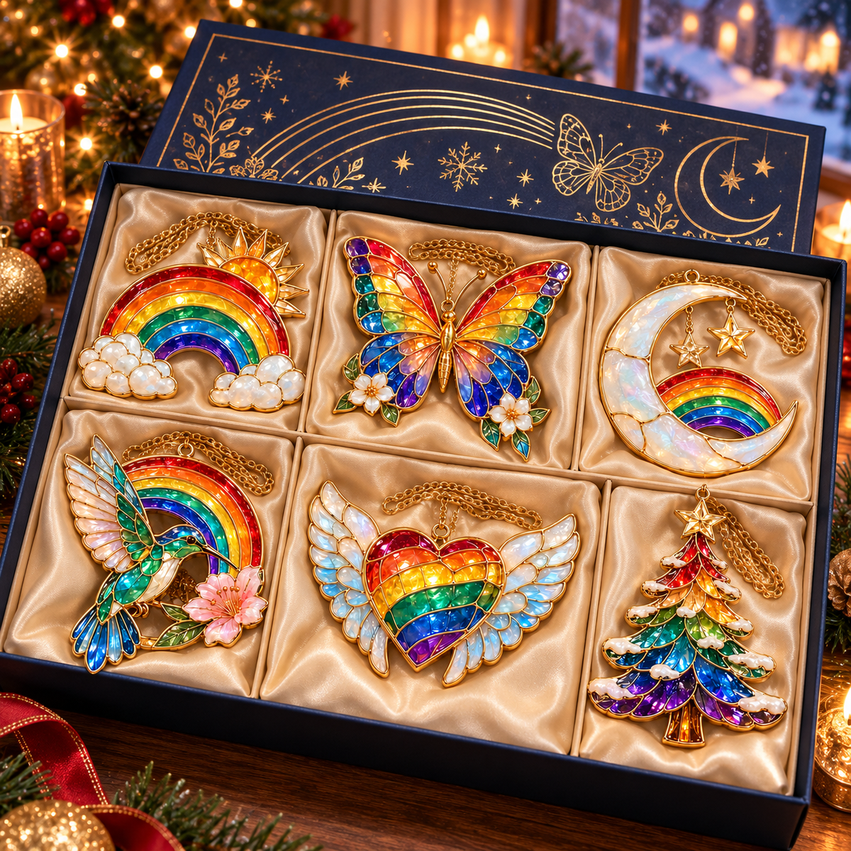 🎄 2026 Magical Rainbow Stained Glass Christmas Ornaments – Set of 6 | Rainbow, Butterfly, Crescent Moon, Hummingbird, Angel Wings Heart & Christmas Tree Hanging Decorations | Colorful Holiday Gifts