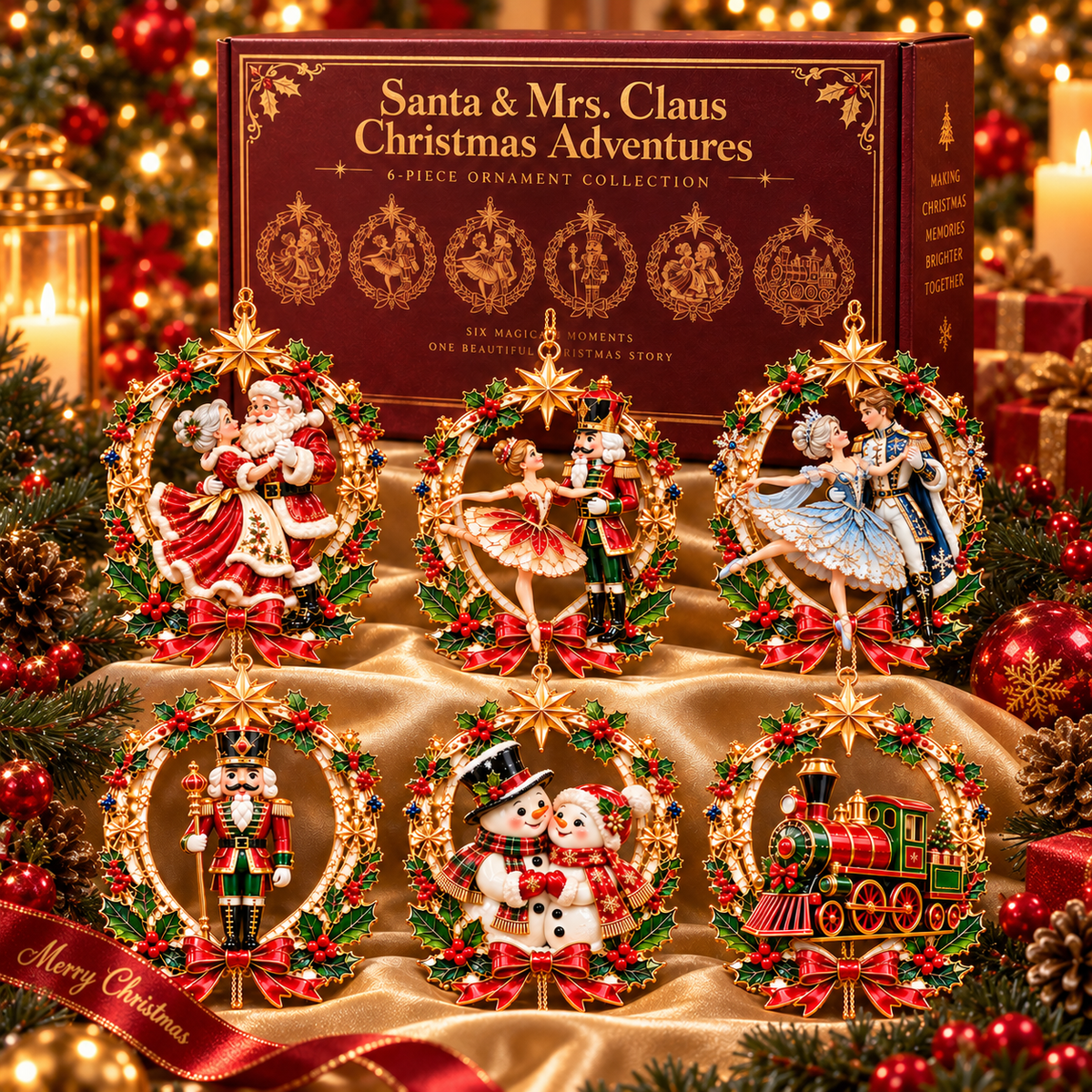 Santa & Mrs. Claus Christmas Adventures – 6-Piece Vintage Christmas Tree Ornament Collection | Nutcracker, Snowman & Holiday Train | A Heartwarming Christmas Keepsake Gift