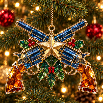 ✨ 2026 Vintage Stained Glass Firearms Christmas Ornaments – Set of 6 | Western Revolver, Cowboy Rifle, Shotgun & Pistol Hanging Decorations | Christmas Tree Ornaments & Unique Holiday Gifts for Gun Enthusiasts