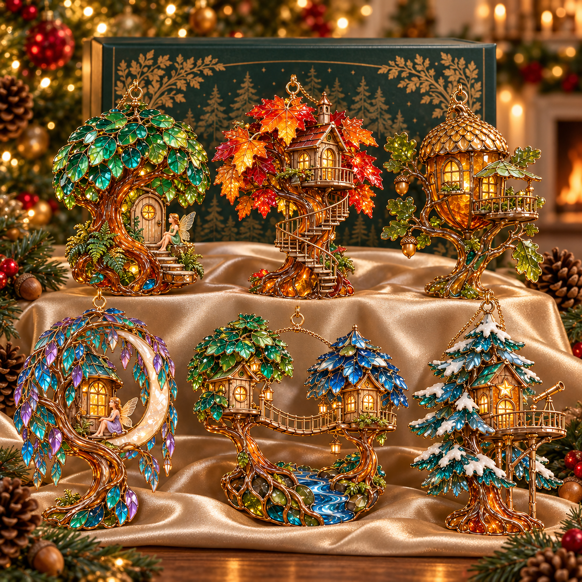 ✨ 2026 Enchanted Stained Glass Treehouse Christmas Ornaments – Set of 6 |  Fairy Tree Houses, Autumn Maple, Acorn Cottage & Moonlight Willow Hanging Decorations | Magical Christmas Tree Ornaments & Fairy Garden Gifts