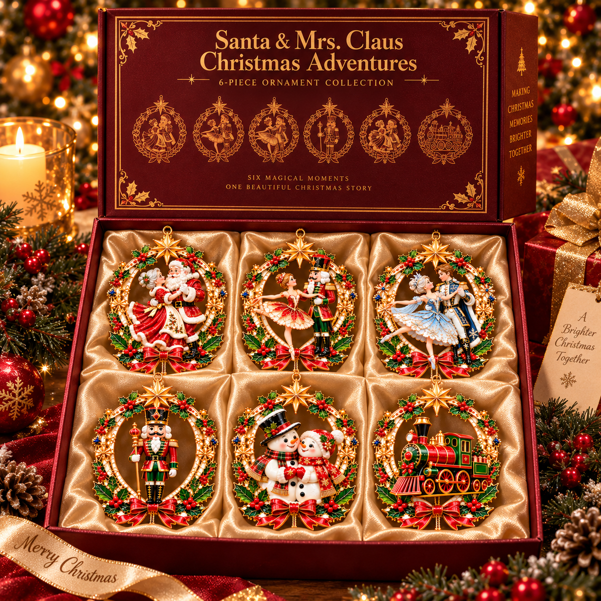 Santa & Mrs. Claus Christmas Adventures – 6-Piece Vintage Christmas Tree Ornament Collection | Nutcracker, Snowman & Holiday Train | A Heartwarming Christmas Keepsake Gift