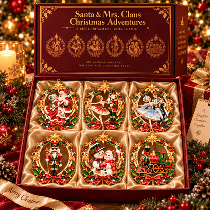 Santa & Mrs. Claus Christmas Adventures – 6-Piece Vintage Christmas Tree Ornament Collection | Nutcracker, Snowman & Holiday Train | A Heartwarming Christmas Keepsake Gift