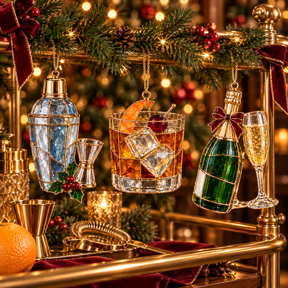 ✨ 2026 Vintage Stained Glass Cocktail & Wine Christmas Ornaments – Set of 6 |  Martini, Margarita, Whiskey, Red Wine & Champagne Hanging Decorations | Christmas Tree Ornaments & Unique Holiday Gifts for Cocktail Lovers