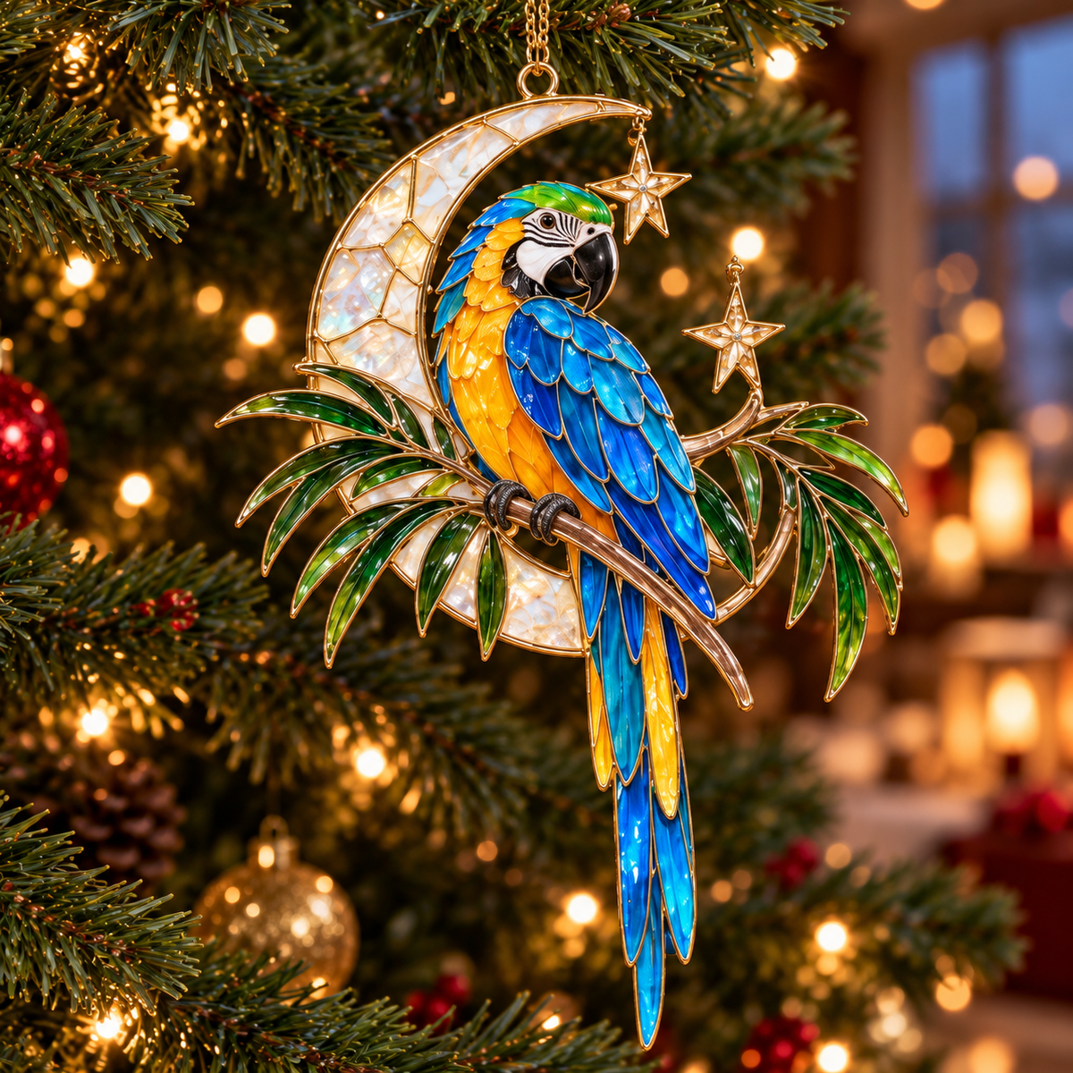 Tropical Parrot Christmas Ornaments – Vintage Stained Glass Style, Set of 6