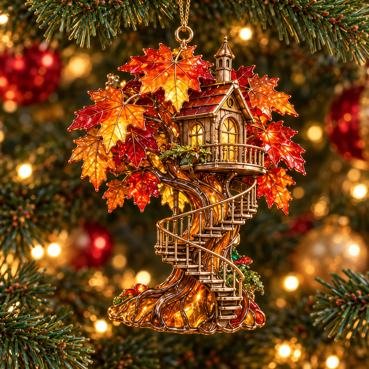 ✨ 2026 Enchanted Stained Glass Treehouse Christmas Ornaments – Set of 6 |  Fairy Tree Houses, Autumn Maple, Acorn Cottage & Moonlight Willow Hanging Decorations | Magical Christmas Tree Ornaments & Fairy Garden Gifts