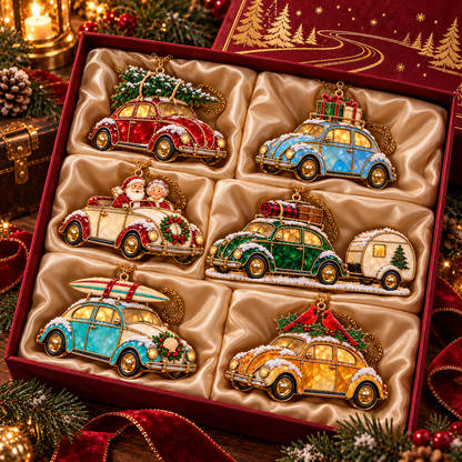 Vintage Christmas Rides – 6-Piece Stained-Glass Style Car Ornament Set