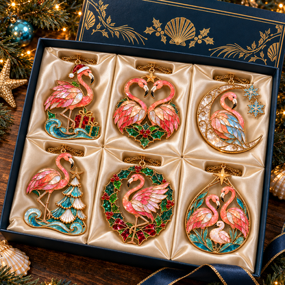 Coastal Christmas Flamingo Ornaments – Vintage Stained-Glass Style, 6-Piece Set