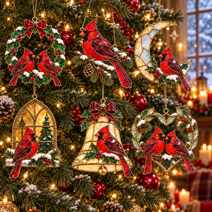 Cardinals of Christmas – Vintage Stained Glass-Style Ornaments, Set of 6
