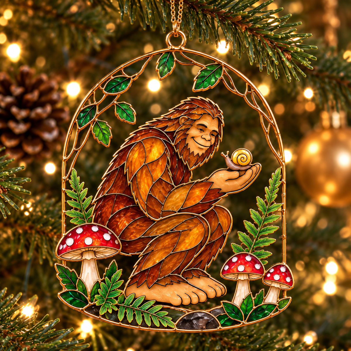 Woodland Wonders – Vintage Stained Glass Style Bigfoot Christmas Ornaments, Set of 6