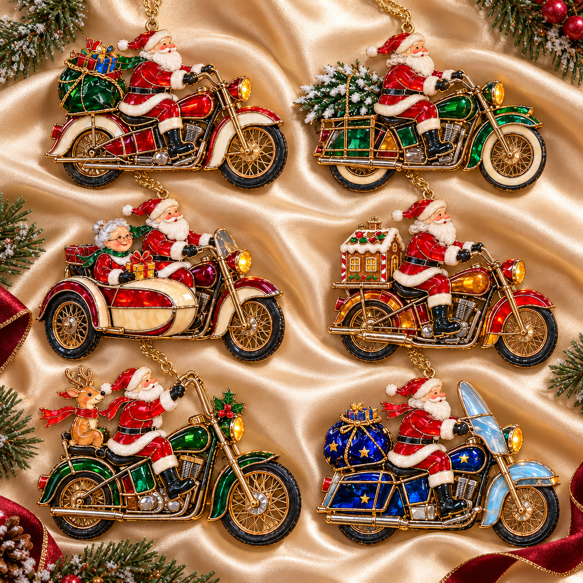 🏍️ 2026 Santa Claus Motorcycle Christmas Ornaments – Set of 6 Vintage Holiday Biker Keepsakes