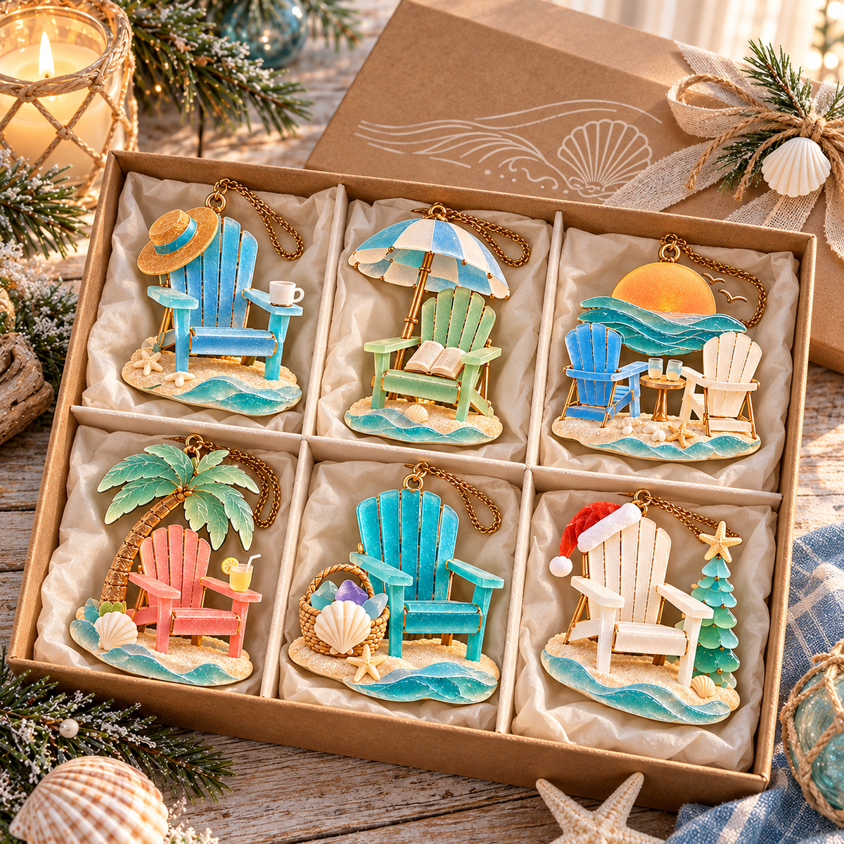 🏖️ 2026 Coastal Christmas Beach Chair Ornaments – Set of 6 Seaside Holiday Keepsakes