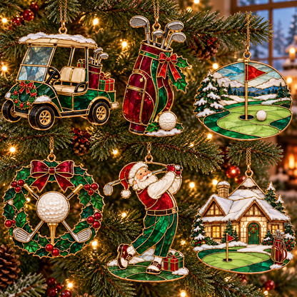 Tee Up the Holidays – Vintage Stained Glass-Style Golf Christmas Ornaments, 6-Piece Set