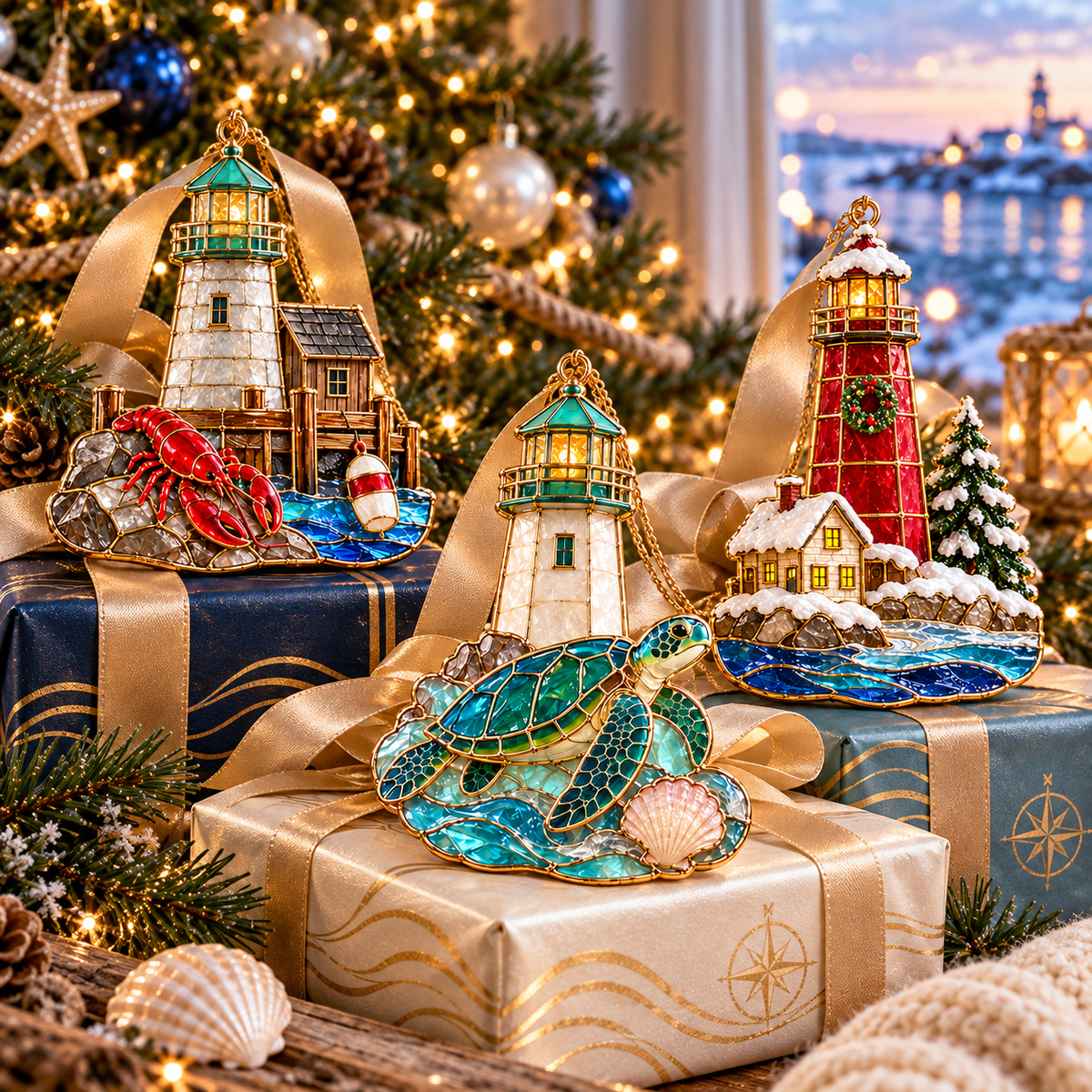 Coastal Lighthouse Christmas Ornaments – Vintage Stained Glass Style, Set of 6