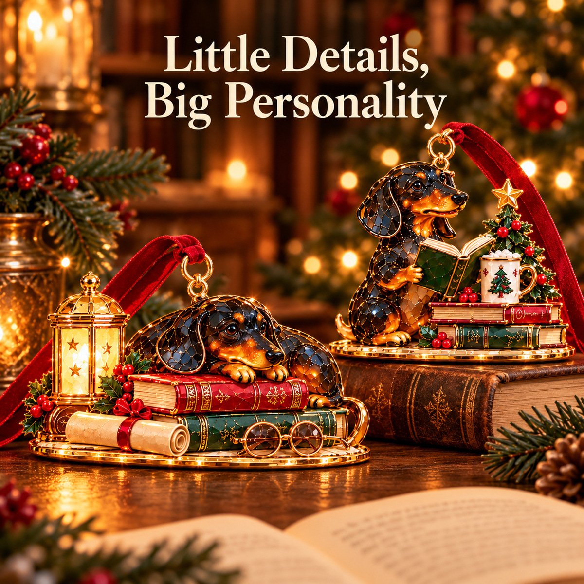 Dachshund Christmas Ornaments – Cozy Library Holiday Collection