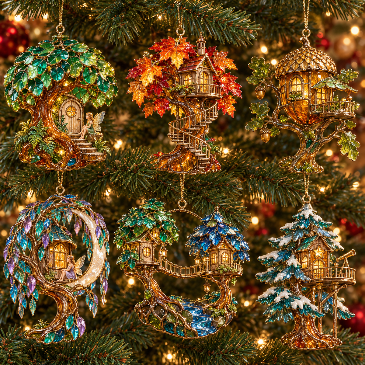 ✨ 2026 Enchanted Stained Glass Treehouse Christmas Ornaments – Set of 6 |  Fairy Tree Houses, Autumn Maple, Acorn Cottage & Moonlight Willow Hanging Decorations | Magical Christmas Tree Ornaments & Fairy Garden Gifts