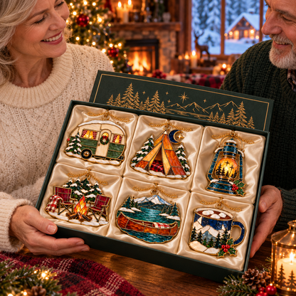 Cozy Christmas Camping — Vintage Stained Glass Style Ornaments, Set of 6