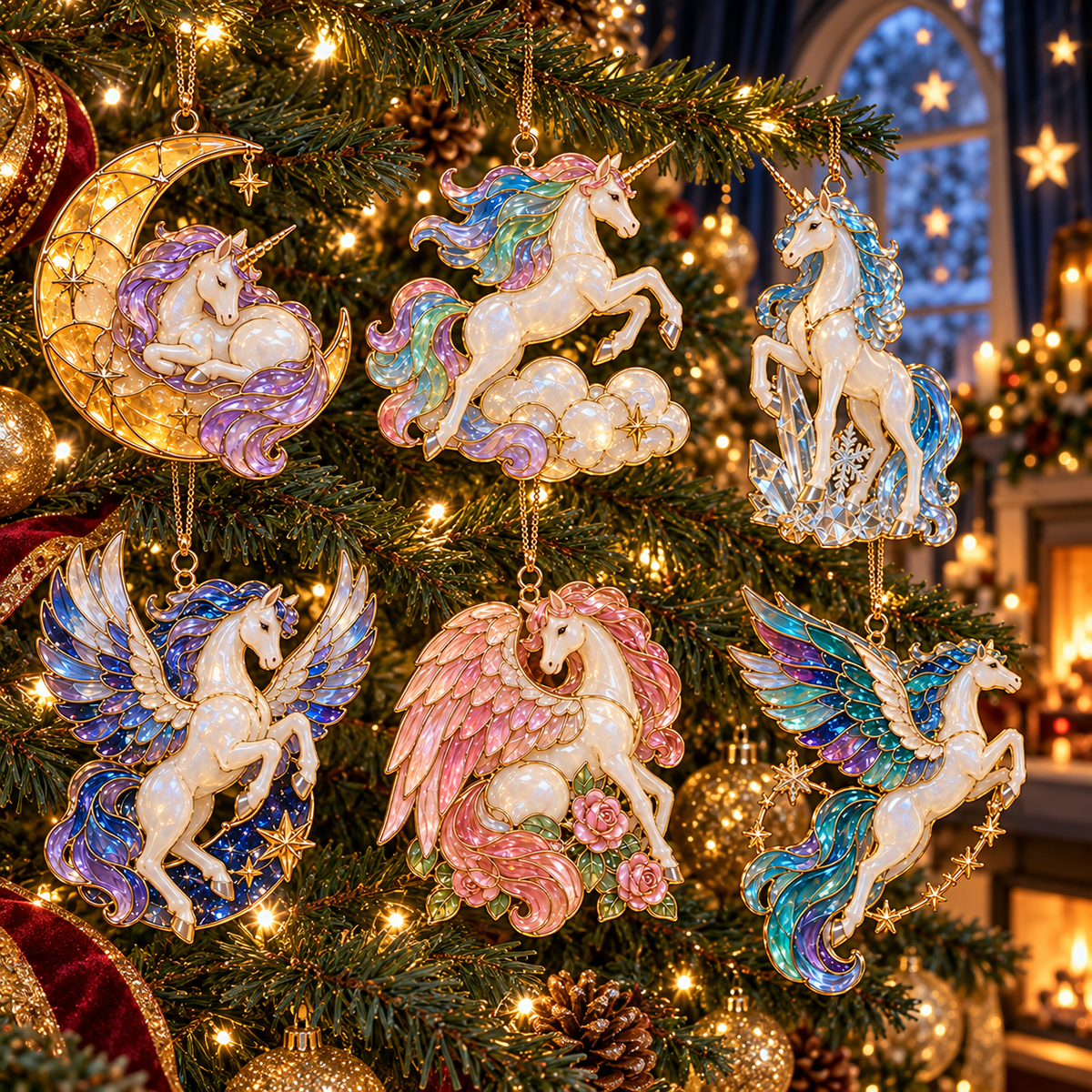✨ 2026 Enchanted Stained Glass Unicorn Christmas Ornaments – Set of 6
