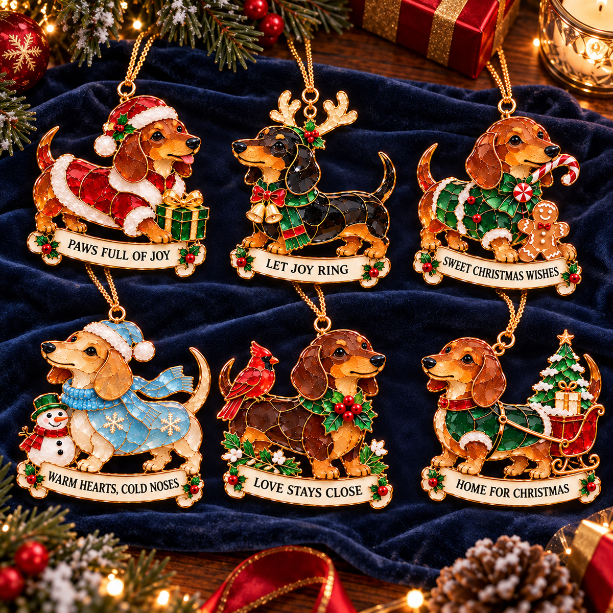 🐾🎄 Dachshund Christmas Ornaments Set of 6 - Stained Glass Style