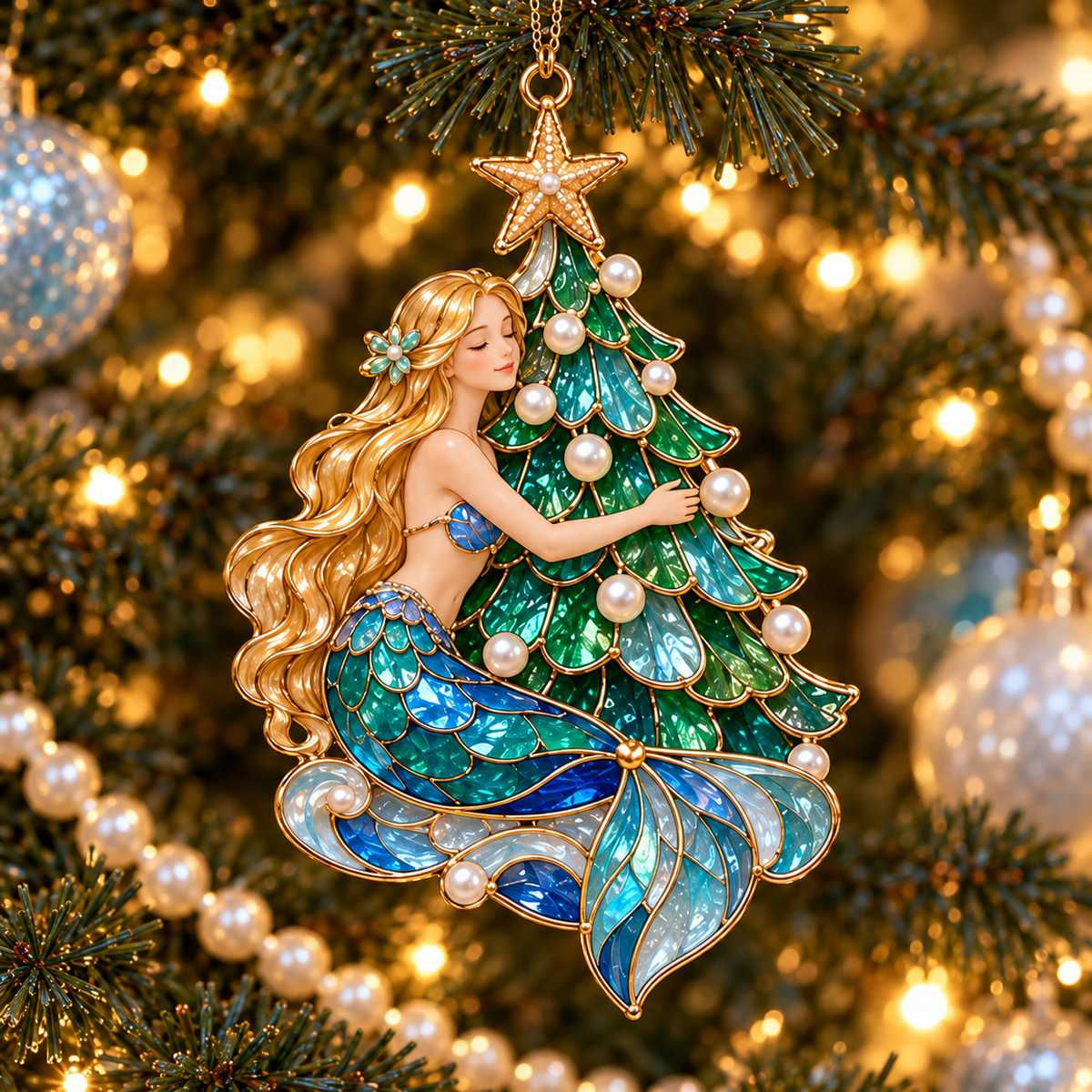 Ocean Enchantment – Vintage Stained-Glass Style Mermaid Christmas Ornaments, Set of 6