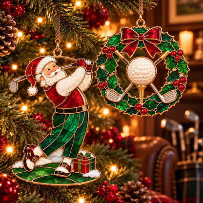 Tee Up the Holidays – Vintage Stained Glass-Style Golf Christmas Ornaments, 6-Piece Set