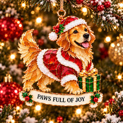 2026 Golden Retriever Christmas Ornaments – Set of 6 | Vintage Stained-Glass Style with Golden Accents & Heartwarming Holiday Wishes