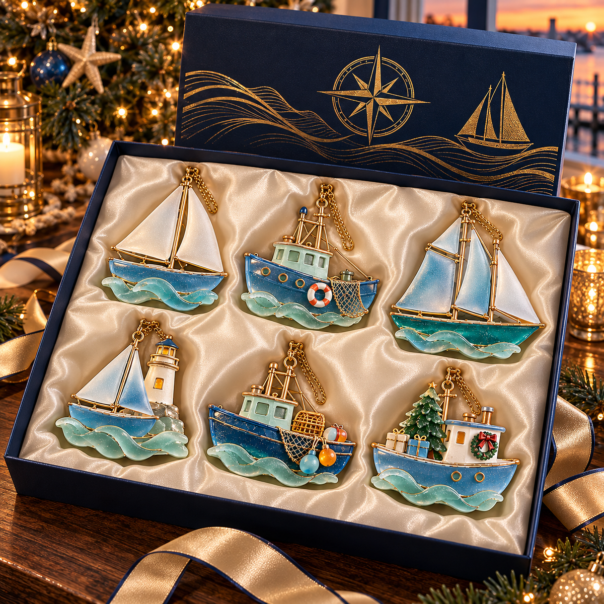 🌊 2026 Coastal Christmas Boat Ornaments – Set of 6 Nautical Holiday Keepsakes