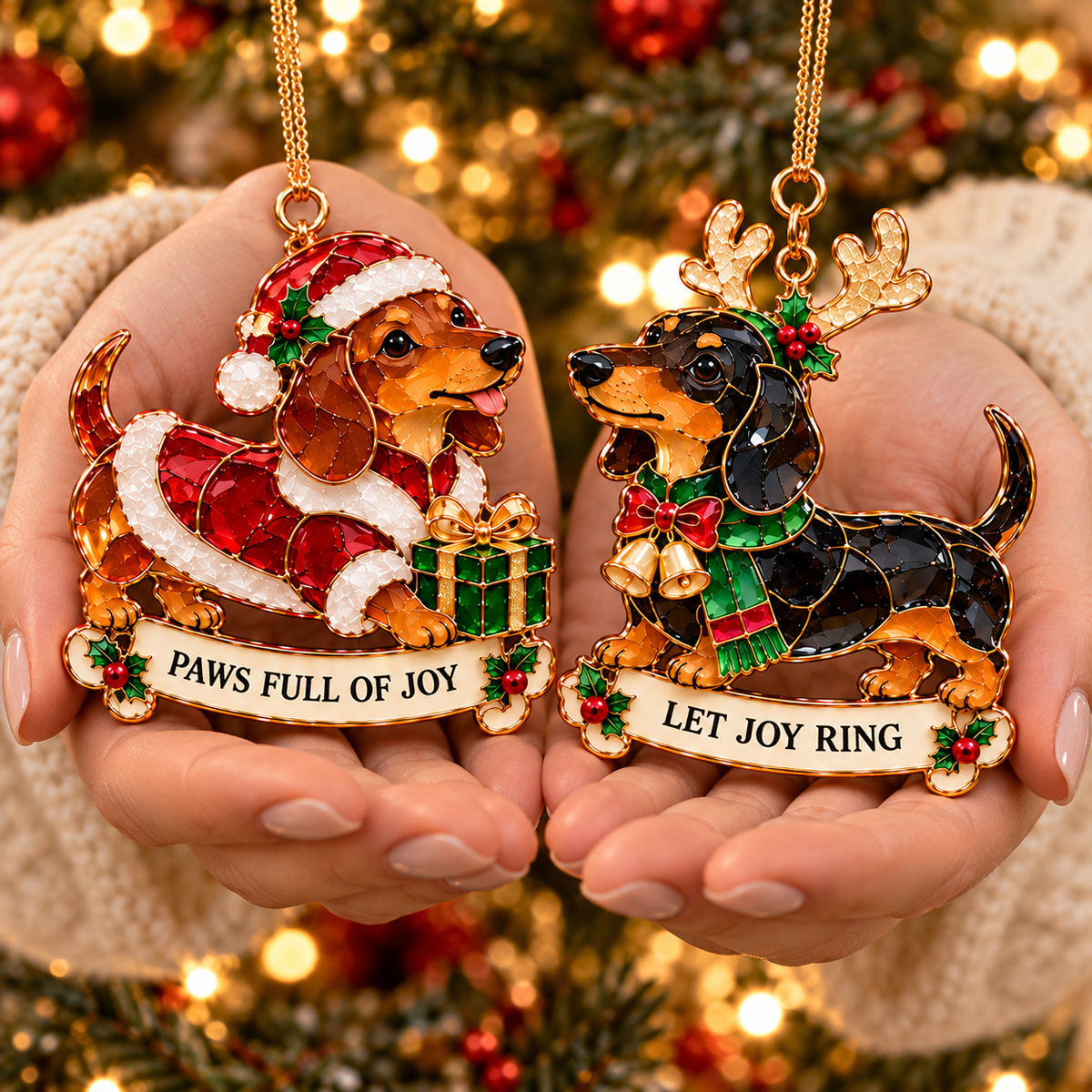 🐾🎄 Dachshund Christmas Ornaments Set of 6 - Stained Glass Style