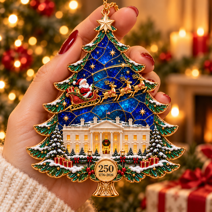 2026 250th Anniversary Stained Glass Christmas Tree Ornament – Santa Sleigh & White House Commemorative Holiday Keepsake, 1776–2026