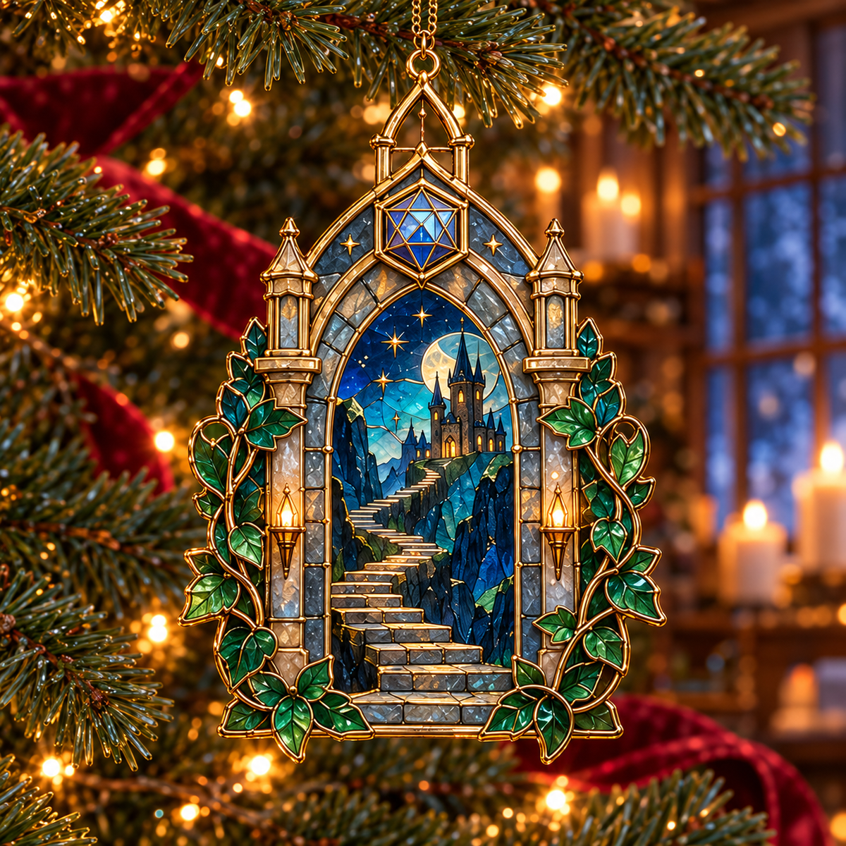 Enchanted Realms – 6-Piece Vintage Stained Glass-Style Fantasy Christmas Ornament Set