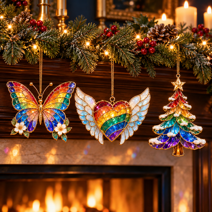🎄 2026 Magical Rainbow Stained Glass Christmas Ornaments – Set of 6 | Rainbow, Butterfly, Crescent Moon, Hummingbird, Angel Wings Heart & Christmas Tree Hanging Decorations | Colorful Holiday Gifts
