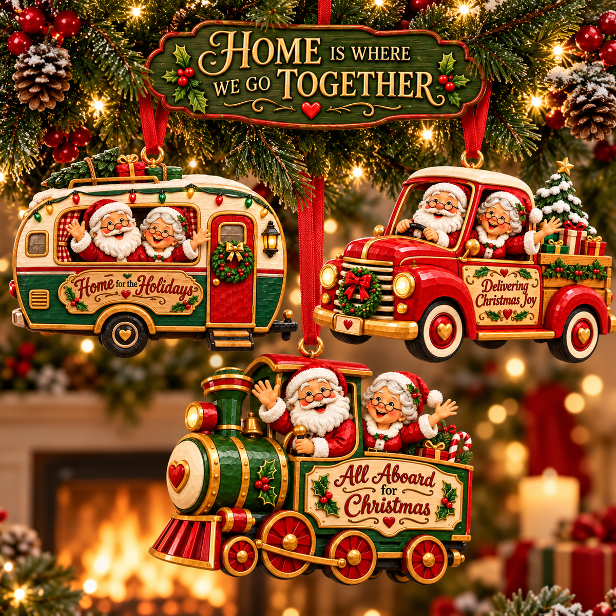 Santa & Mrs. Claus Christmas Adventures – Festive Tree Ornaments in 6 Charming Designs