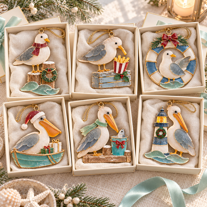 🌊 2026 Coastal Christmas Seabird Ornaments – Set of 6 Festive Seagull & Pelican Keepsakes