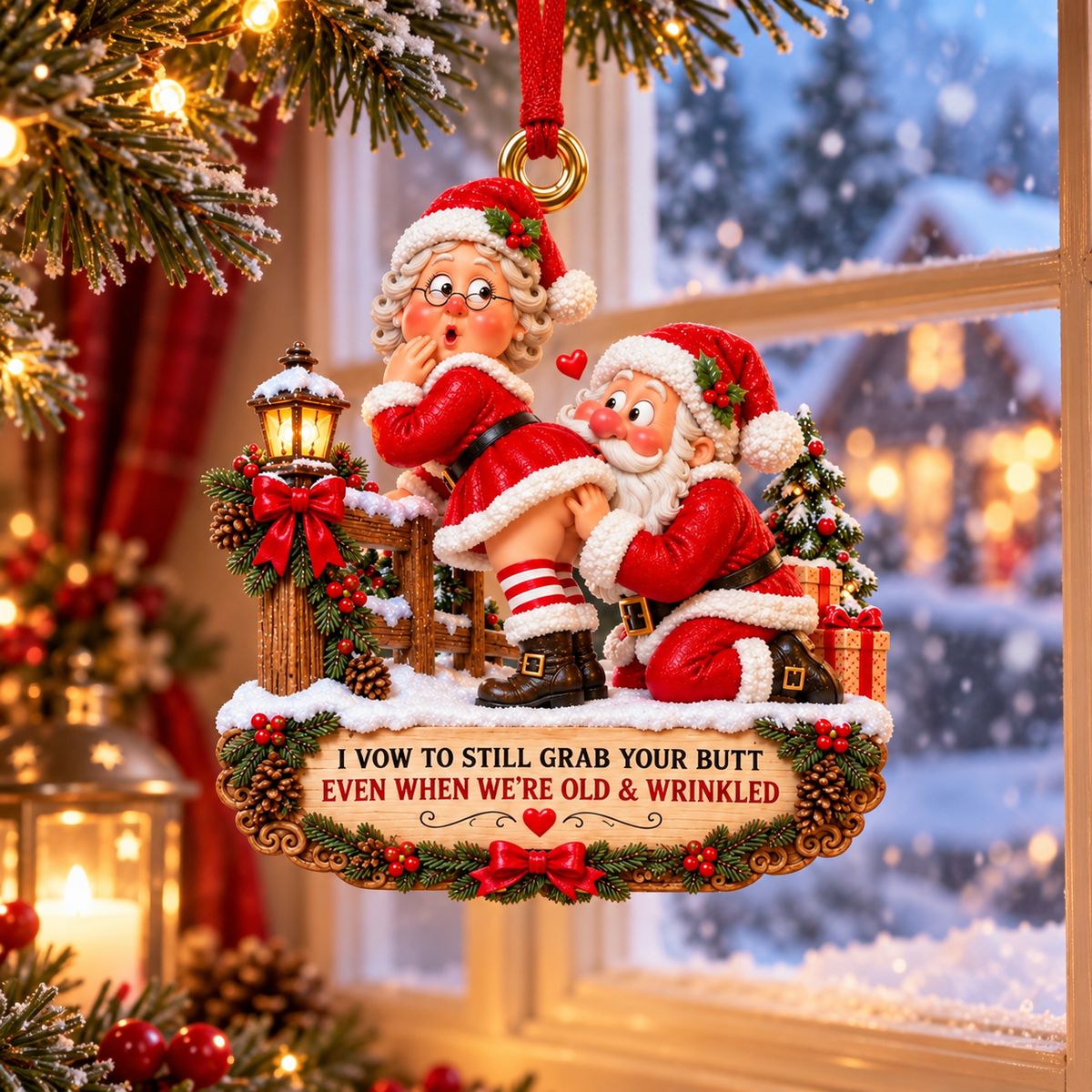 Funny Santa & Mrs. Claus Christmas Ornament – I Vow to Still Grab Your Butt, Romantic & Humorous Christmas Gift for Husband, Wife & Couples, Forever Love Keepsake