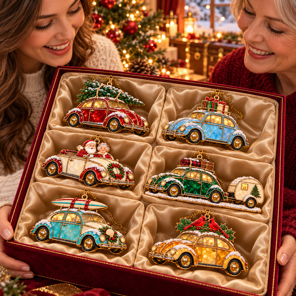 Vintage Christmas Rides – 6-Piece Stained-Glass Style Car Ornament Set