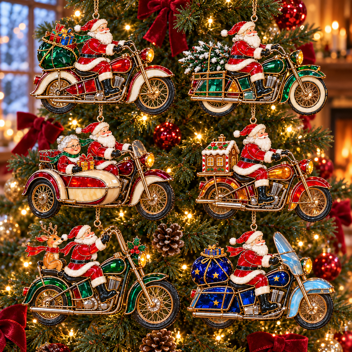 🏍️ 2026 Santa Claus Motorcycle Christmas Ornaments – Set of 6 Vintage Holiday Biker Keepsakes