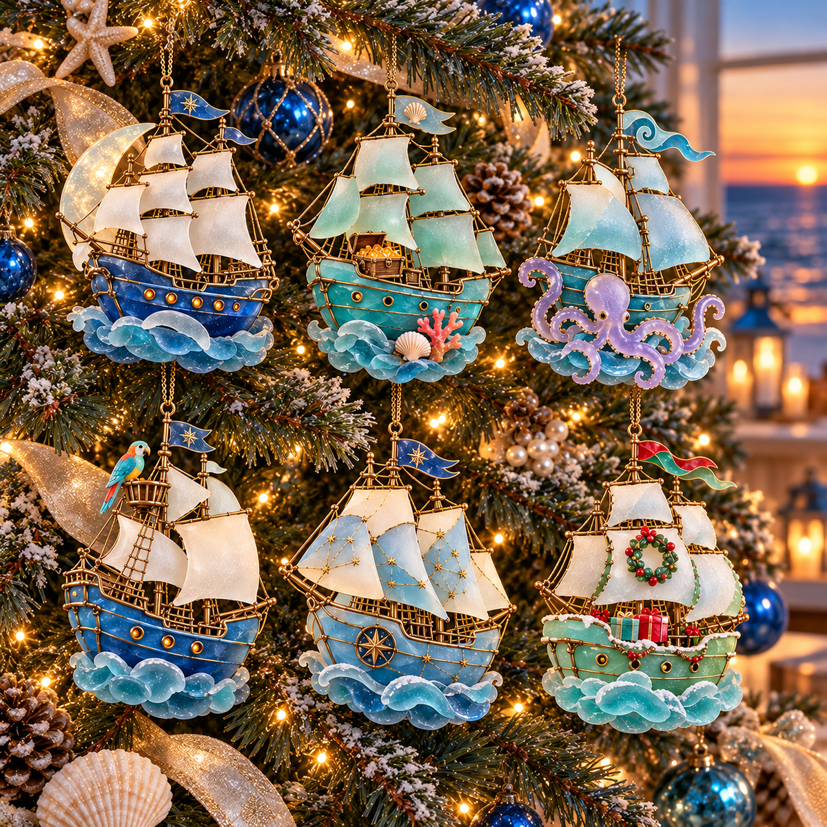 ⛵ 2026 Coastal Christmas Sailing Ship Ornaments – Set of 6 Nautical Holiday Keepsakes